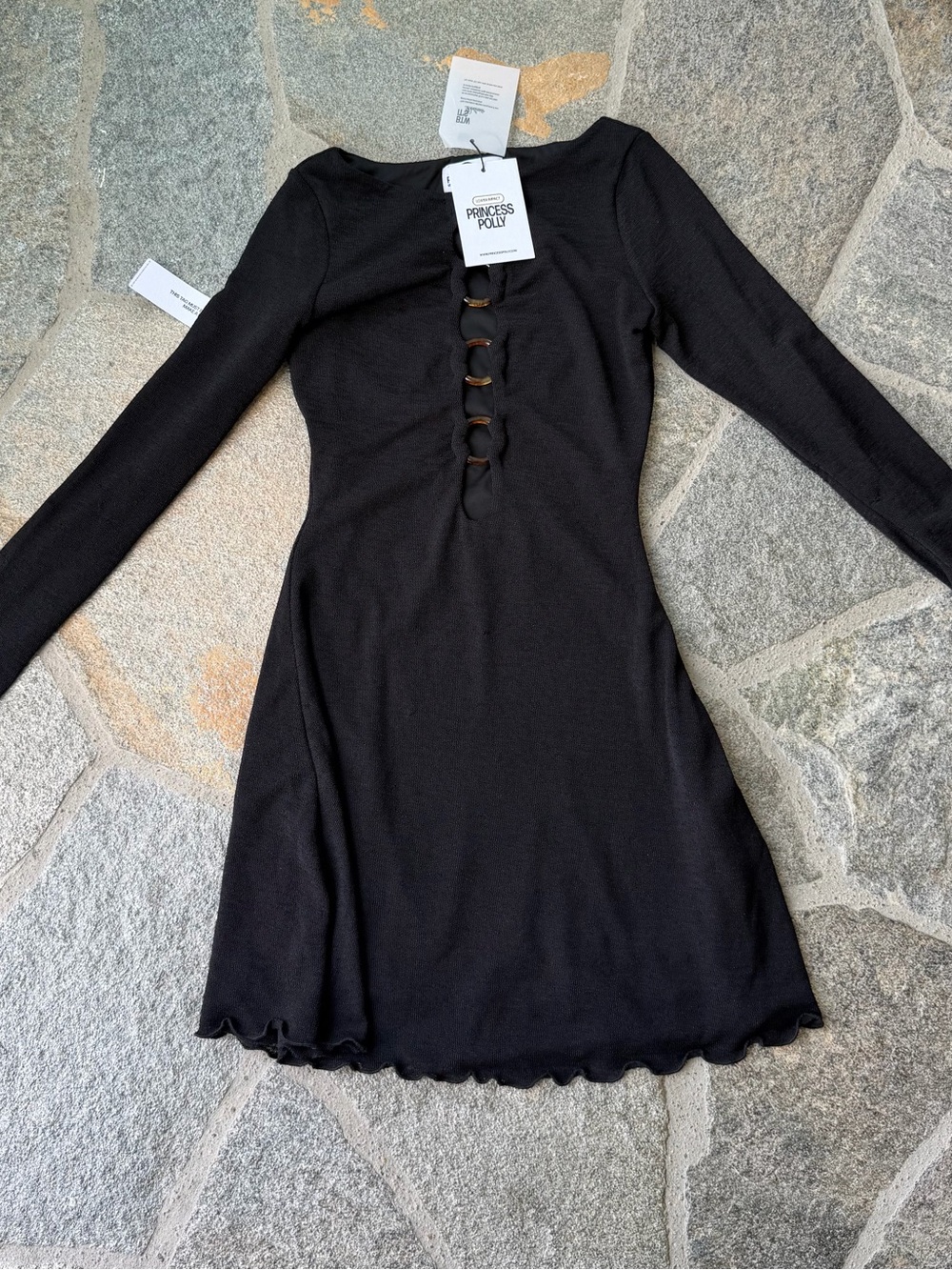 Princess Polly Black Long-Sleeve Ring-Back Mini Dress with Tortoiseshell Rings